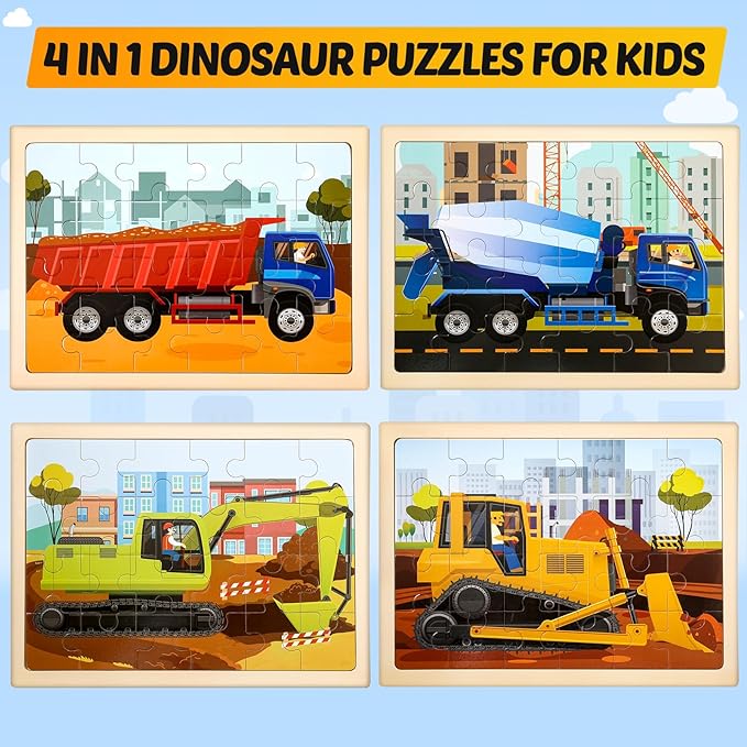 Wooden Vehicle Puzzles for Kids Age 3 4 5 Year Old, 4 Pack 24 Pcs Montessori Toddler Jigsaw Puzzles for Girl boy Activities Preschool Learning Educational Birthday Gift Travel Autistic Wooden Toys