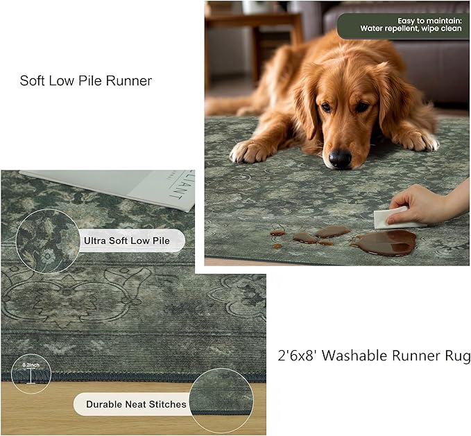 Large 8x10 Washable Area Rug for Living Room, Non Slip Vintage Traditional Rugs for Bedroom, Indoor Thin Accent Floral Nursery Carpet for Dining Room, Farmhouse (Distressed Green)