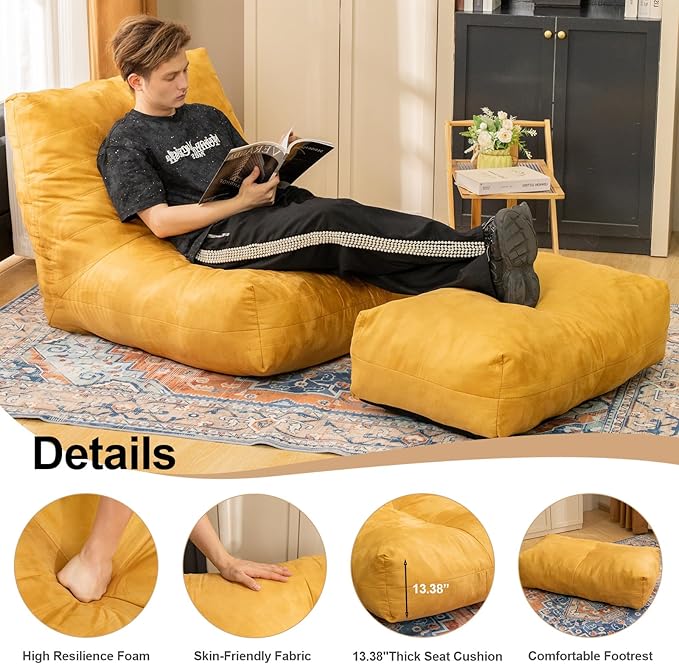 Bean Bag Chair with Ottoman, Comfy Bean Bag Sofa with Memory Foam, Lazy BeanBag Sofa with Footstool, Fireside Bean Bag Couch for Living Room, Bedroom, Apartment