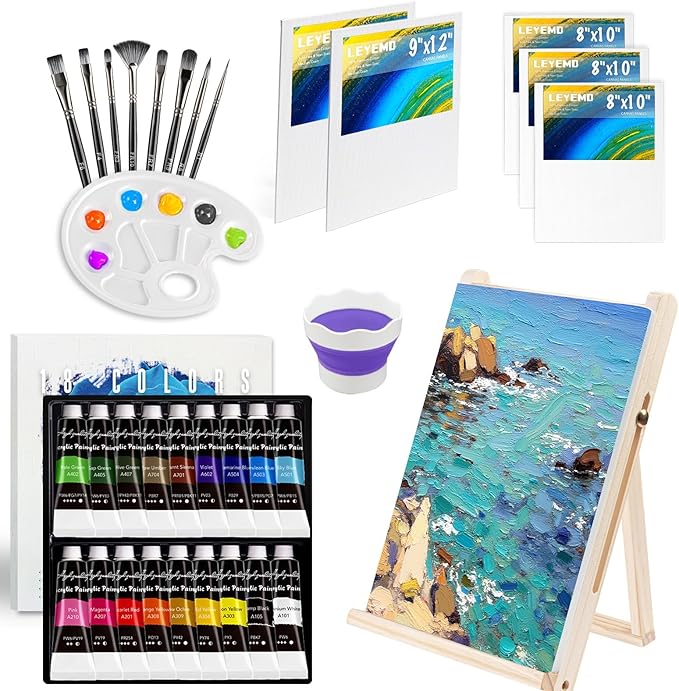 LEYEMO Acrylic Art Set, Paint Set, Painting Kit, Acrylic Paint Sets for Kids, Canvas Set with 18 Acrylic Paints, 8 Painting Brushes, Art Supplies for Kids, Adults, Beginners