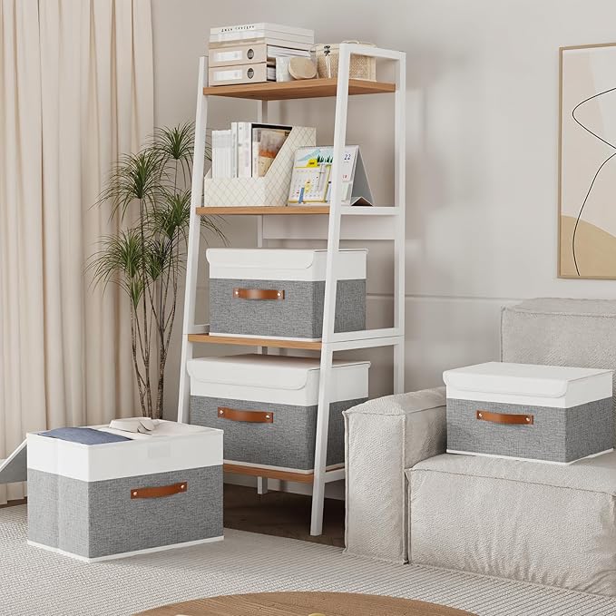 Yawinhe Collapsible Storage Bin, Cube Organizer Basket, Fabric Box with Lids, Washable and Leather Handle, for Home, Closet, White/Grey, 13.0''Lx9.0''Wx7.9''H, 5-Pack, SNK024WGS-5