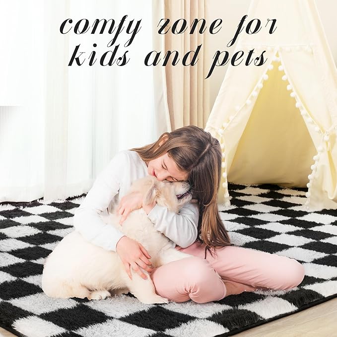 Super Soft Rug for Bedroom, 8x10 Ft Black and White Area Rug Classic Checkered Shaggy Anti-Skid High Pile Soft Fluffy Rug Fuzzy Carpet for Living Room Bedroom Kids Room Nursery, Dorm Home Decor