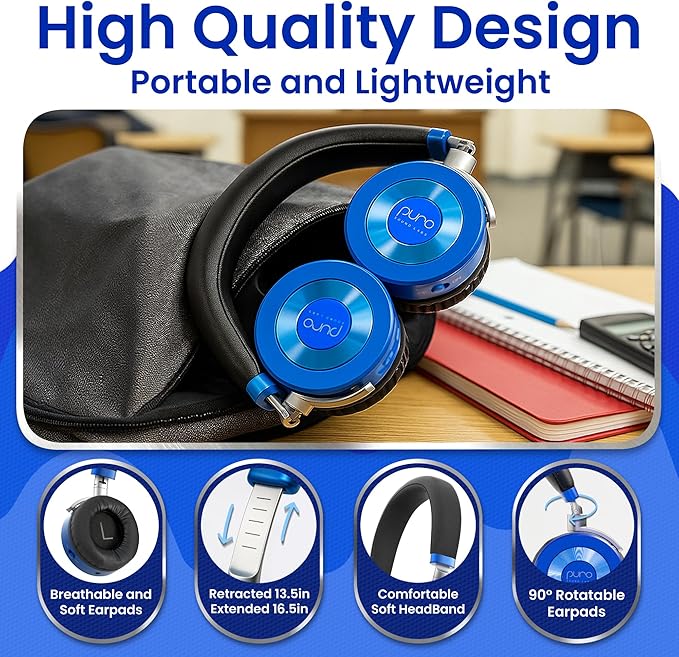 Puro Sound Labs JuniorJam Plus Volume-Limiting Wireless Bluetooth Headphones for Kids, Secure Audio with Adjustable On-Ear Design, 22-Hour Battery, Ideal for Tablets, Smartphones & PCs - Blue