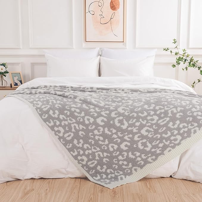 NEXHOME PRO Leopard Soft Blanket, Fuzzy Throw Blanket for Couch Bed Sofa Picnic, Knit Blankets for Women Gifts Grey 50 x 60 inches