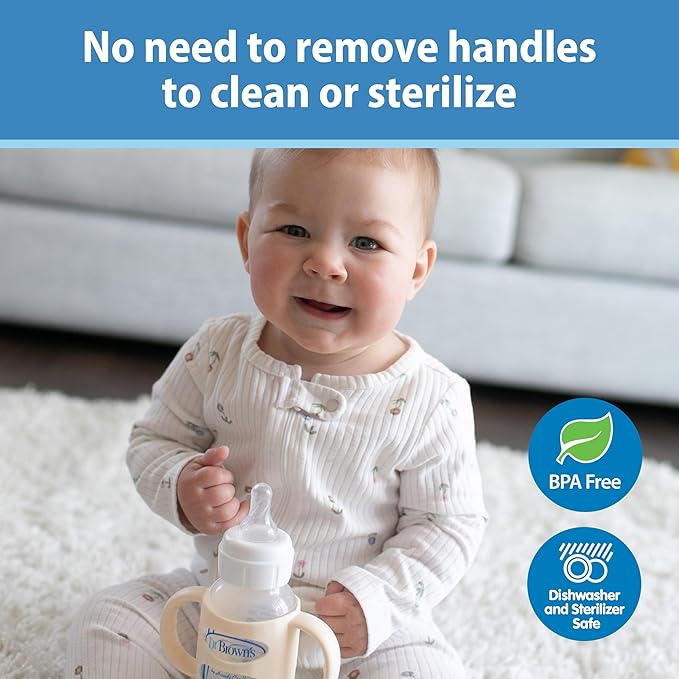 Dr. Brown's Narrow Baby Bottle Handles, 100% Silicone, Easy Grip Removable Handles for Bottle to Sippy Cup Transition, Blue, 4m+