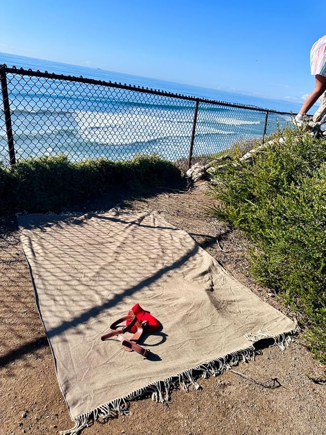 Picnic Blanket Extra Large Waterproof with Strap 59"x79" - Machine Washable Tassels Faux Wool Cashmere for Park, Grass, Camping, Hiking, Concerts (Coffee, 59"X79")