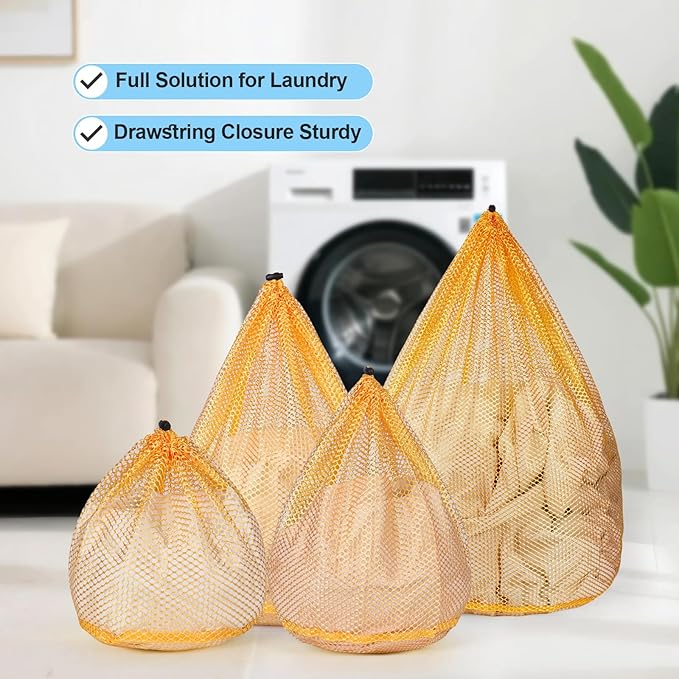 4Pcs Mesh Laundry Bags Washing Machine Mesh Wash Bags for Clothes,Underwear,Lingerie, Bed Linen with Drawstring Closure Sturdy(4 Size, Yellow)