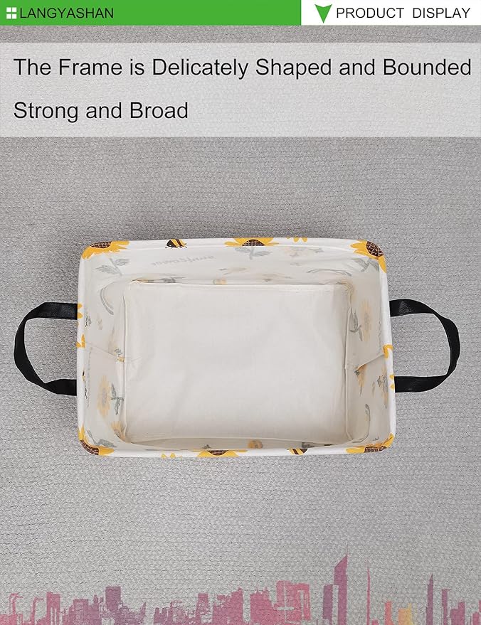 LANGYASHAN Rectangular Storage Bin Collapse Canvas Fabric Cartoon Storage Basket with Handles for Organizing Home Kitchen Boys and Girls Toys Office Closet Shelf Baskets(Rec Sunflower)