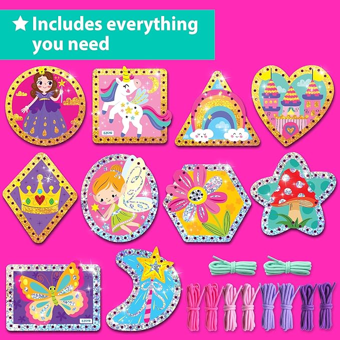 Premium Foil Edge Lacing Cards for Kids Ages 3-6 | 10 Double-Sided Unicorn and Fairy Sewing Cards with Multilingual Learning | Durable Cardboard Fine Motor Skills Activity Kit
