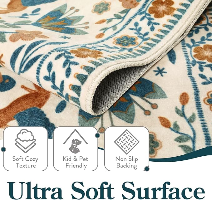 Moynesa Washable 3x5 Rug, Non Slip Kitchen Rugs Boho Bird Small Beige Living Room Area Carpet for Office Bedroom Bathroom, Indoor, Ultra Thin, Soft, Stain Resistant, Floral Entryway Mat