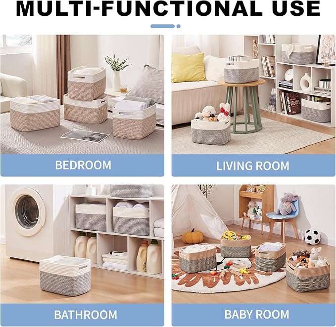 OIAHOMY 4 Pack Storage Baskets for Organizing, Basket for Shelves with Handle, Woven Baskets for Storage Toys, Towels, Books, Cotton Rope Basket 13" L x 9 " W x 7.8 " H, Black & White