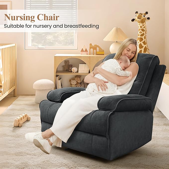 Nursery Rocking Chairs,Velvet Rocker Recliner Nursing Chair,Oversized Nursery Recliner Glider Chair with Extra Wide Footrest for Breastfeeding,Dark Grey