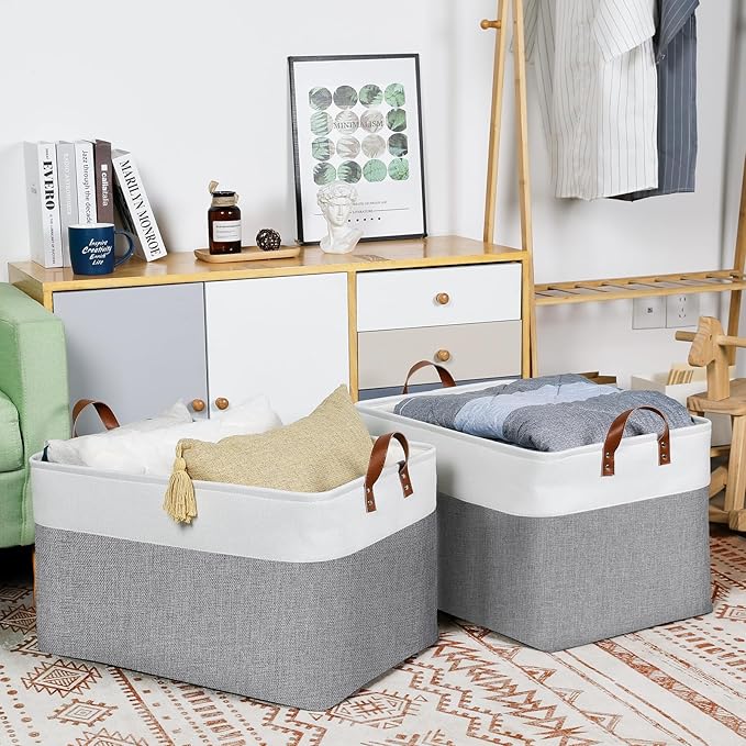 DULLEMELO Extra Large Storage Baskets for Organizing 22"x15"x13" Foldable Fabric Storage Baskets Organizer Bins with Handles Large Storage Basket for Shelves Closet Toys Books (White&Grey)