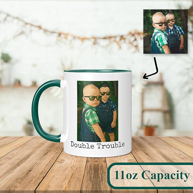 Personalized Coffee Mug, Custom Drawing Portrait Gift, Funny Customized Coffee Gift for Men & Women, Custom Mugs with Pictures, Green 11oz Father's Day Mug