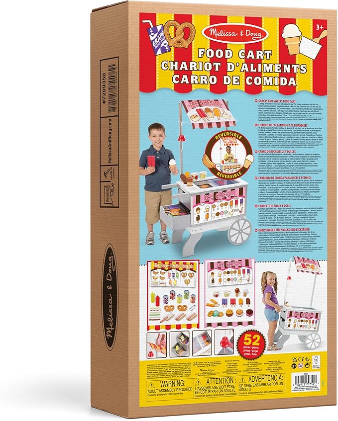 Melissa & Doug Wooden Snacks and Sweets Food Cart - 40+ Play Food pcs, Reversible Awning