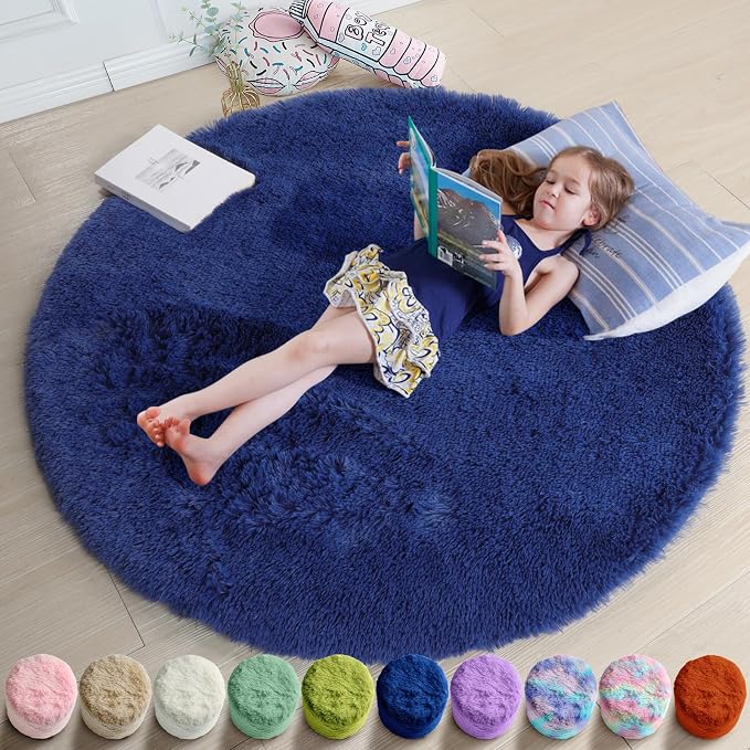 Amdrebio Navy Blue Round Rug 4Ft by Amdrebio