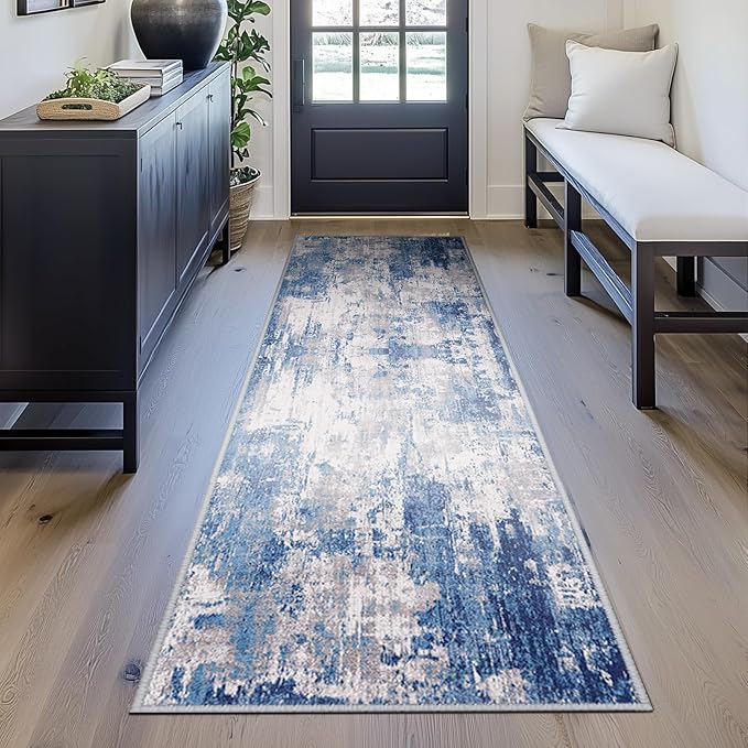 Washable Area Rugs 2'x6' Non-Slip Modern Abstract Soft for Living Room Entryway Bedroom Nursery, Print Pattern, Blue Grey Navy Gray