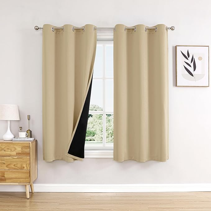 ChrisDowa 100% Blackout Curtains for Bedroom with Black Liner, 2 Thick Layers Total Blackout Thermal Insulated Grommet Window Curtains 2 Panels Set (Beige, 42 x 63 Inch)