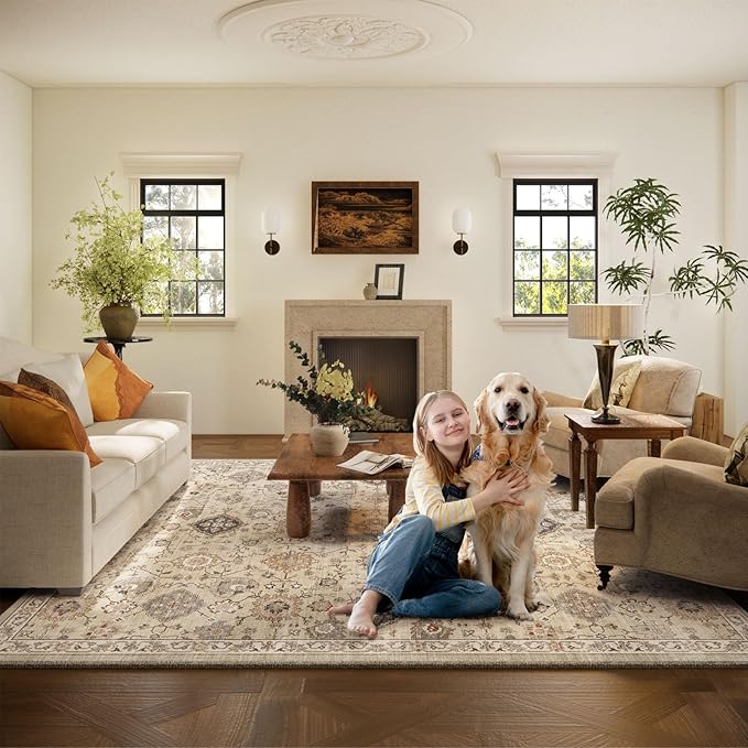 Machine Washable Rug for Living Room: 5x7 Area Rugs Boho Vintage Rug Stain Resistant Non Slip Low Pile Soft Lightweight Carpets for Bedroom Kitchen Dining Room Nursery Kids Room Farmhouse