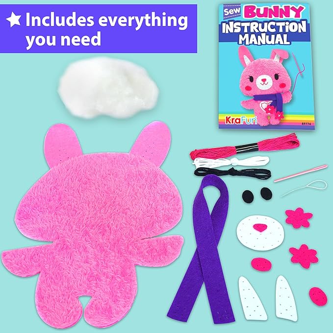 KRAFUN Sewing Kit for Kids Beginner My First Art & Craft, Includes Bunny Doll Stuffed Animal, Instructions & Plush Felt Materials for Learn to Sew, Embroidery, Age 7 8 9 10 11 12