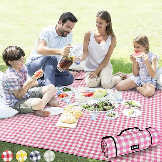 ZAZE Picnic Blanket Waterproof Sandproof, 80''x80'' 3-Layer Cute Compact Extra Large Machine Washable Foldable Beach Mat, Big XL Outdoor Blankets for Spring Summer Camping, Park, Grass(Pink and White)