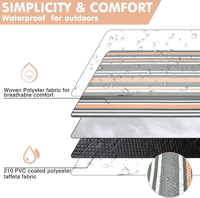 Waterproof Picnic Blanket 80" x 80" in Portable with Carry Strap for Beach Mat or Family Outdoor Camping Party, Park Blanket for Grass Park Hiking Travel Concerts (Dark Green&White&Orange, 80" x 80")