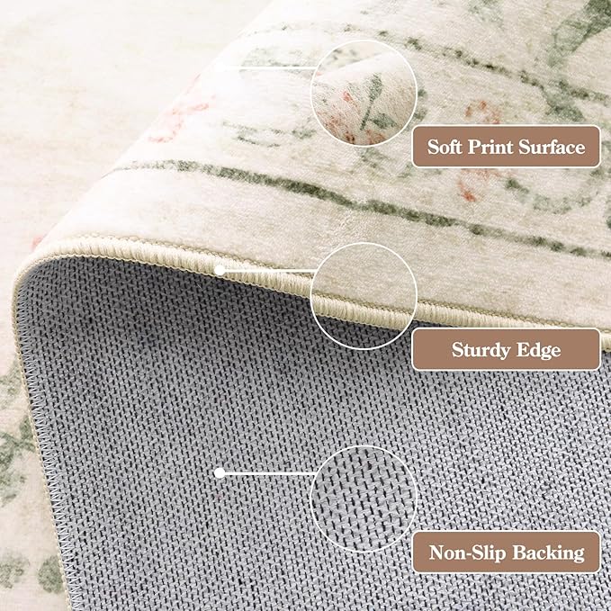 Wonnitar Floral Bow Print Washable 8x10 Rug, Beige Rugs for Living Room, Boho Non Slip Ultra-Thin Soft Neutral Carpet for Nursey Kids Room Dorm Living Room, Beige
