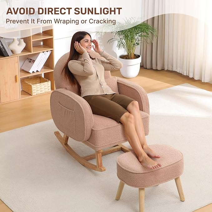 Rocking Chair Nursery with Ottoman, Upholstered Glider Rocker with High Backrest and Side Pocket, Rocking Accent Armchair with Solid Wood Legs for Nursery, Living Room, Bedroom Coffee