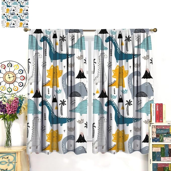Kids Dinosaur Curtains for Boy Girl Bedroom Decor Cartoon Dino Colorful Cute Funny Wildlife Animal Printed Blackout Rod Pocket Window Drapes for Baby Nursery Playroom Living Room W27.5xL63in 2 Panels