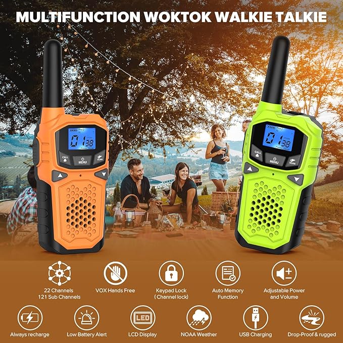 Walkie Talkies for Adults- WokTok Long Range Two Way Radio for Camping Hiking Hand Held Hiking Accessories Camping Gear Xmas Birthday Gift for Kids,SOS Siren,NOAA Weather Alert,4 Radios