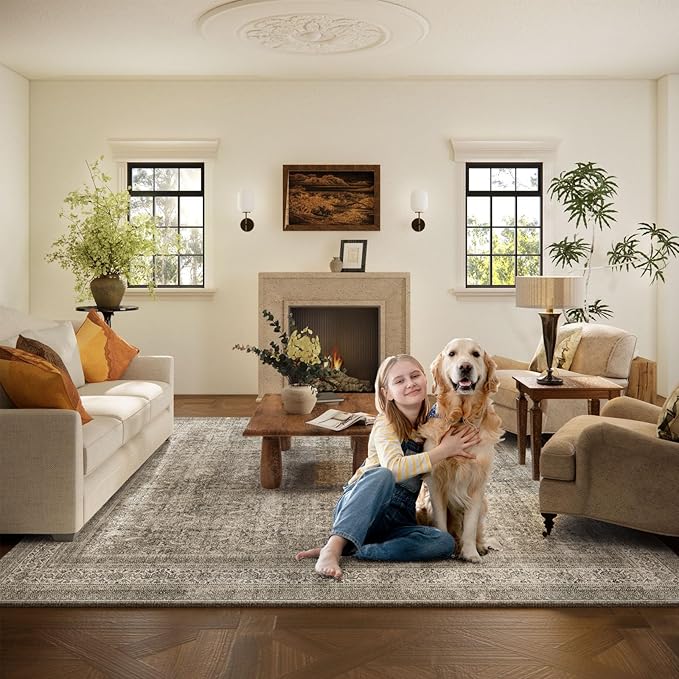 Washable Area Rugs for Living Room: 8x10 Bedroom Rug Boho Vintage Area Rug Stain Resistant Non Slip Low Pile Lightweight Soft Carpets for Dining Room Kitchen Nursery Kids Room Farmhouse