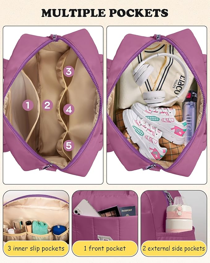 Duffle Bag with Initial, Spend The Night Bags for Women，Overnight Bag with Wet Pocket，Birthday Gift-Lightweight Travel Bags Personalized Gym Tote with Makeup Pouch