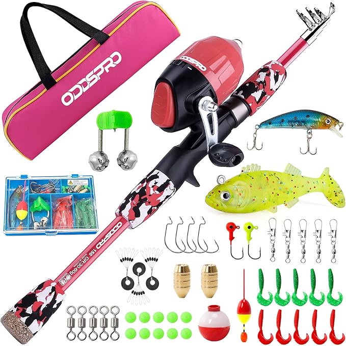 ODDSPRO Kids Fishing Pole Pink, Portable Telescopic Fishing Rod and Reel Combo Kit - with Spincast Fishing Reel Tackle Box for Girls, Youth