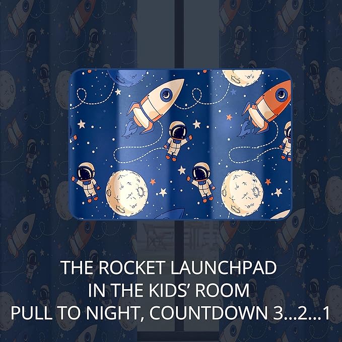 Kids Space Astronaut and Rocket Blackout Curtains - 100% Blackout, Thermal Insulated, Noise Reducing, Perfect for Kids Room and Nursery, 2 Panels (Orbiting Astronauts, W52×L84)