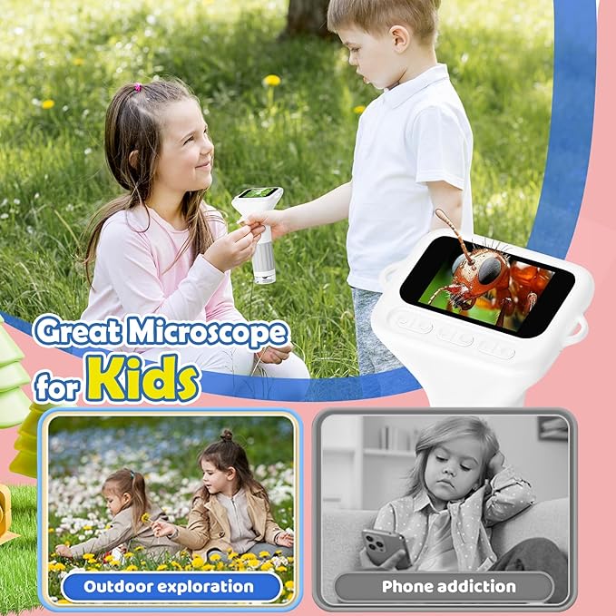 Microscope for Kids, 2'' Digital Handheld Kids Microscope with Adjustable Light, 1000X 1080P Pocket Portable Mini Micro Scope, Stem Toys for Ages 5-7 8-12 Teen Boys and Girls Educational Gifts, White