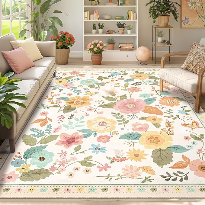 Floral 8x10 Area Rug Machine Washable Soft Print Boho Carpet Non Slip Doormat Low Pile Flower Area Rugs for Living Room Bedroom Nursery Kitchen Dining Room Indoor-Beige/White/Orange