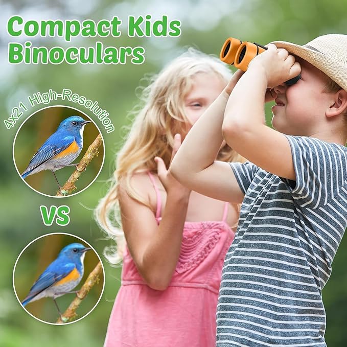 Hiboom 8 Set Kids Binoculars Bulk Shockproof Folding Children Mini Compact Binoculars Compass Magnifying Glass for 3-12 Years Boys Girls Kids Bird Watching Camping Outdoor Play