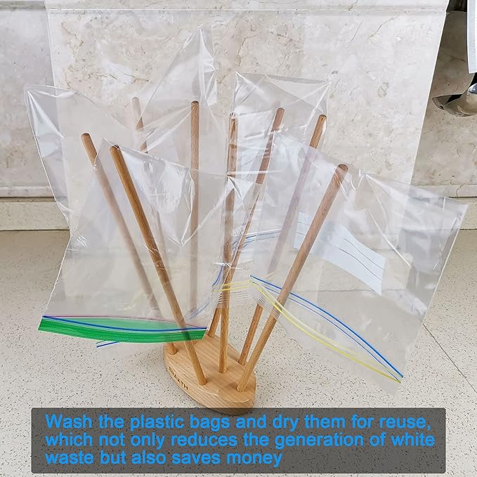 Plastic Bag and Bottle Drying Rack, Reusable Ziplock and Freezer Bag Dryer Rack, Space Saving, Beech Wood