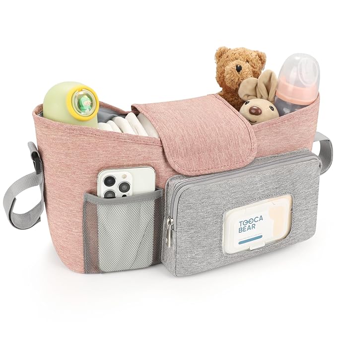 Accmor Universal Stroller Organizer with Insulated Cup Holder, Stroller Caddy Bag Accessories, Stroller Cup Holder Organizer for Uppababy Baby Jogger Britax Stroller, Pink