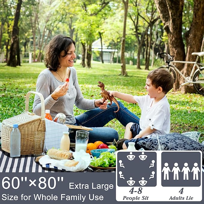 Picnic Blankets 80" x 60" Extra Large Outdoor Blanket Sand Free Foldable with Carry Strap for Beach, Camping, Park Grass, Hiking, Travel, Concerts, Indoors