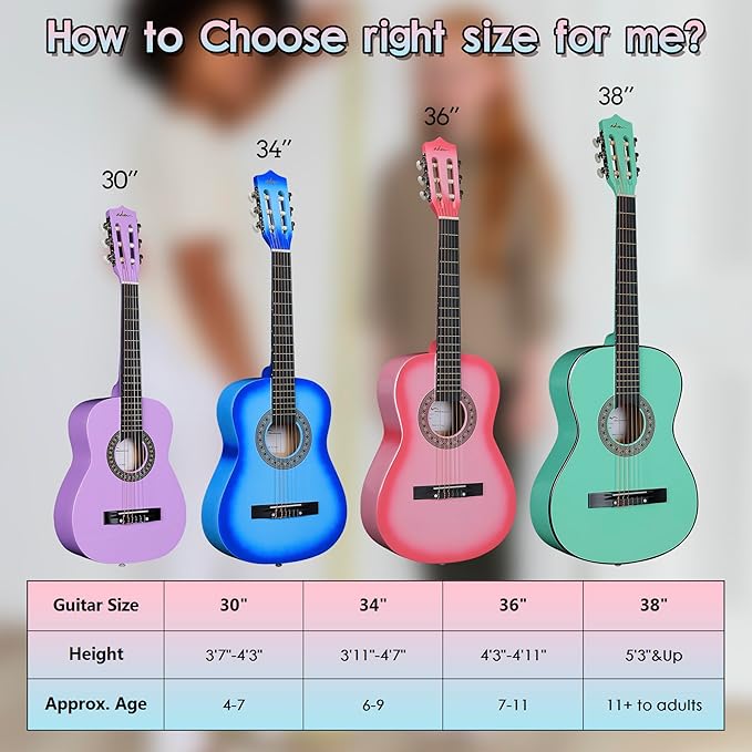 ADM Beginner Acoustic Classical Guitar 38 Inch Nylon Strings Wooden Guitar Bundle Kit for Kid Boy Girl Student Youth Guitarra Online Lessons with Gig Bag, Strap, Tuner, Strings, Purple