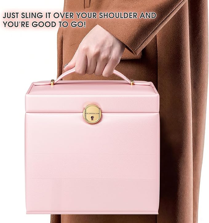 5-Layer Jewelry Box with 4 Drawers, Huge Portable Jewelry Organizer with Lock and Mirror for Women, for Necklace Ring Earring Bracelet Storage, Lockable Jewelry Case, Pink