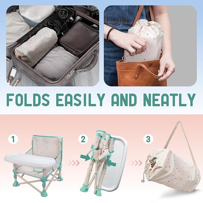Tiny Marvels Portable 3-in-1 Baby Booster Seat, Cozy Floor Seat, Feeding Seat with Tray, Compact Foldable Toddler Booster with Child Safety Belt Carry Bag, Perfect for Travel (Cream Confetti)
