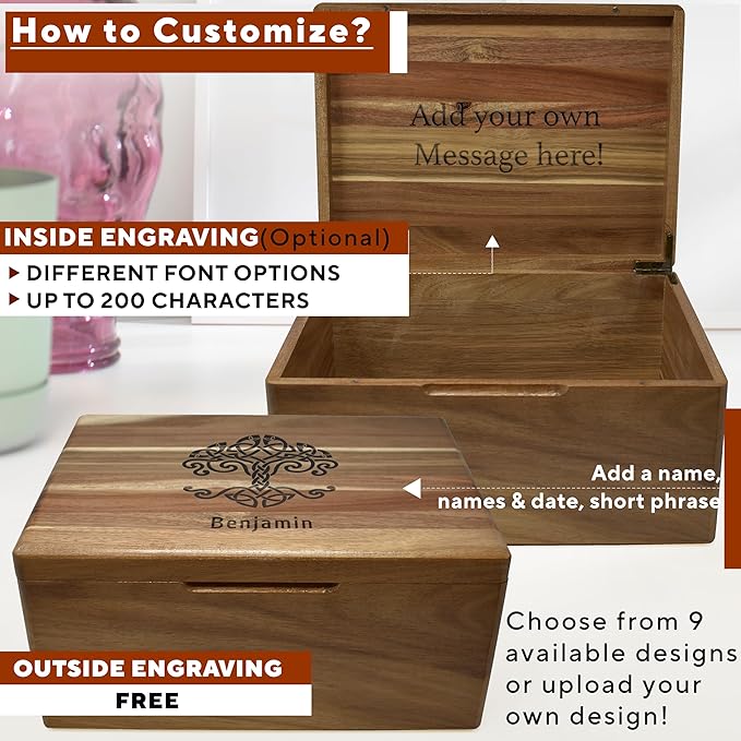 Life Tree Box Personalized - Large Keepsake Box, 5 Year Wedding Gift Anniversary for Men/Women, Acacia Wood Decorative Chest, Handmade Memory Boxes with Custom Hidden Message, 11.5 x 8.5 x 5.5 in
