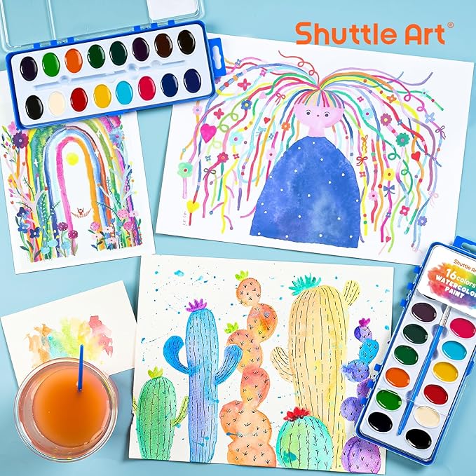 Shuttle Art 16 Colors Watercolor Paint Set Bulk, Pack of 24, Watercolor Paint Set with Paint Brushes for Kids and Adults, Washable Paint for Classroom, Parties, Kindergarten and Art Activities
