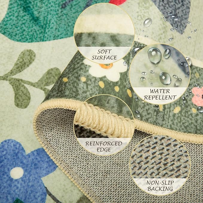 Floral 8ft Area Rug Machine Washable Soft Print Boho Carpet Non Slip Doormat Low Pile Flower Area Rugs for Living Room Bedroom Nursery Kitchen Dining Room Indoor-Light Green