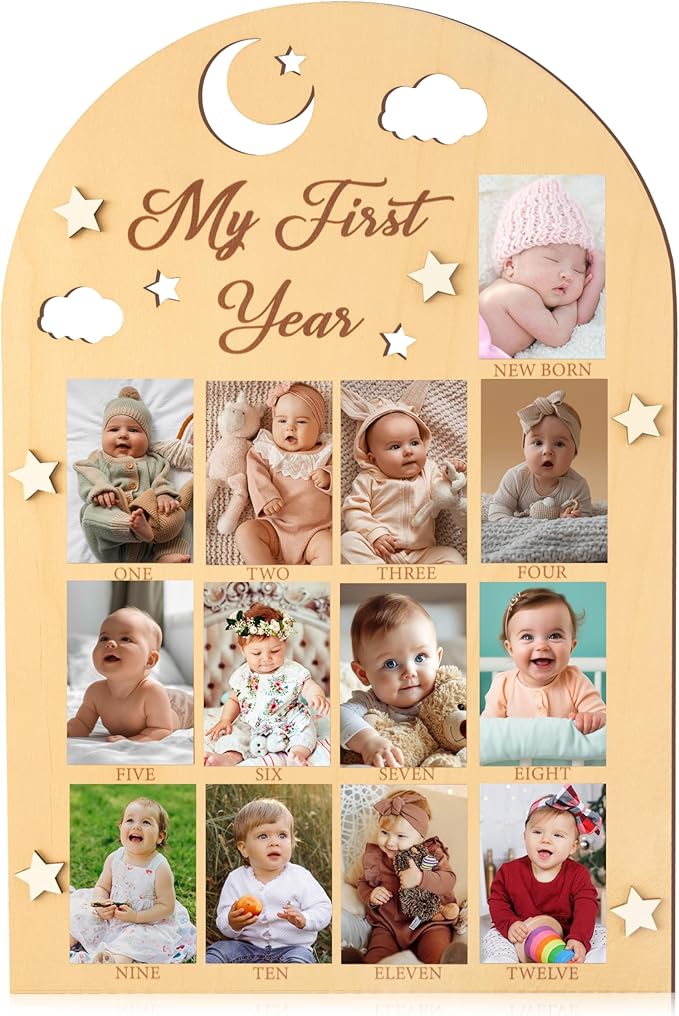 R HORSE My First Year Photo Frame Board - 3D Star Baby First Year Picture Frame 12 Months Milestone Photo Display Wood Board Baby Keepsake 1st Birthday Nursery Decor Gift for Boy Girl