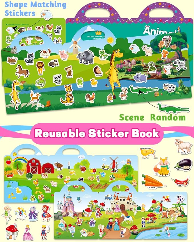 Reusable Sticker Book for Toddlers 2-4 Years, Stickers for Kids, Toddler Sticker Book Ages 1-3, Toddler Craft Activities, Toddlers Travel Toys Ages 2+ Boy Girl Birthday Gifts