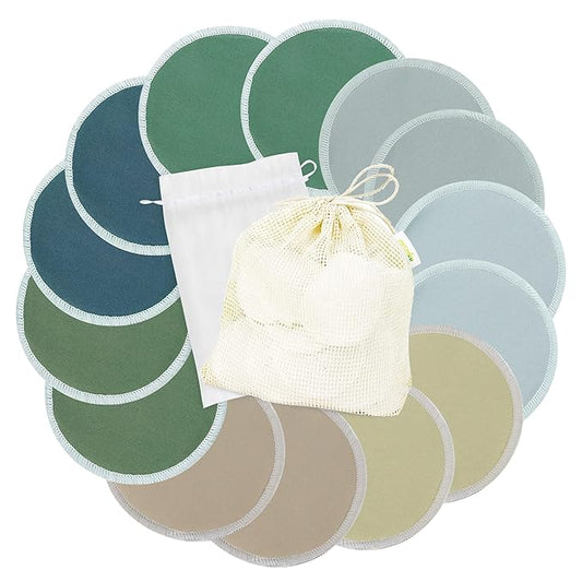 wegreeco Nursing Breast Pads (14 Pack) + Laundry Bag & Travel Storage Bag, 4.7 inch Option - Washable & Reusable Breastfeeding Nursing Pads (Bean Paste Green, Plain Shape)