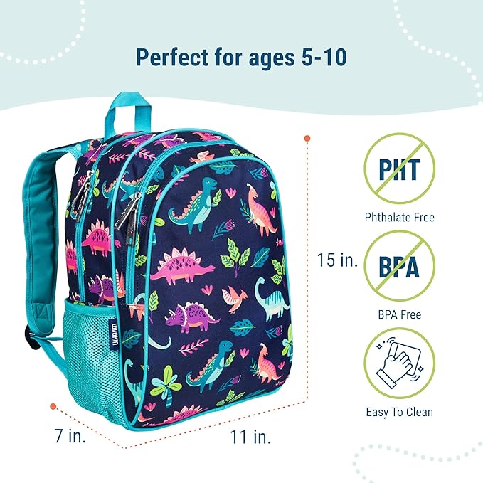 Wildkin 15-inch Kids Backpack – Durable, Padded, Adjustable for School & Travel - Darling Dinosaurs